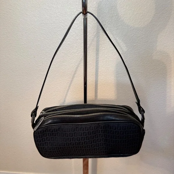 Vintage Fendi Zucca Zucchino Canvas Baguette Bag Black FF Monogram Double Zip - Picture 4 of 15